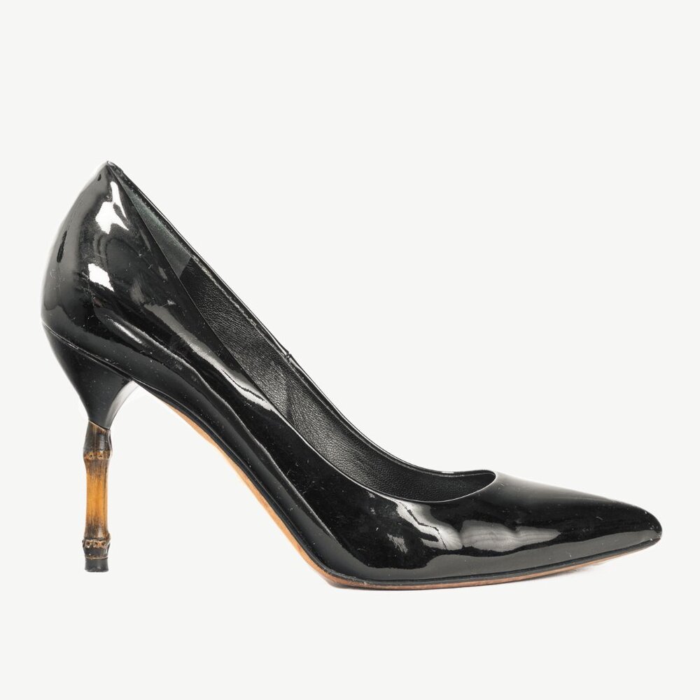 Gucci Kristen Black Patent-Leather Pointed Toe Bamboo Heels